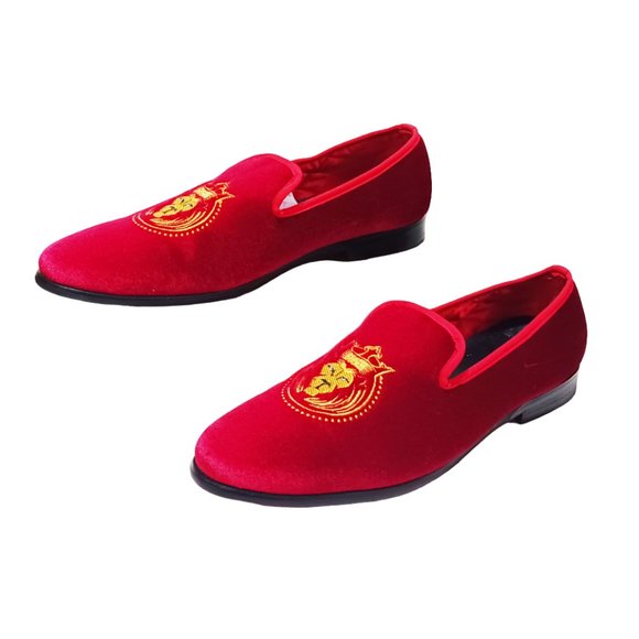ELANROMAN Men RED Velvet Loafers Embroidered 1.0 and party shoes Size - Picture 1 of 9